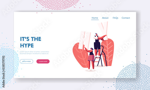 Viral Internet Content, Fake Information and Ideas Propaganda Landing Page Template. Characters Stand on Ladder with Huge Letters H and Y Parts of Word Hype. Cartoon People Vector Illustration