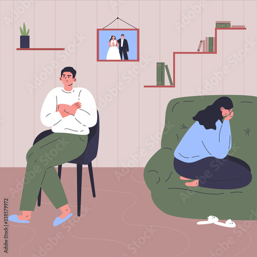 Conflict between woman and man.Quarrel of young male and female.Relationship crisis.Couple offended at each other.Flat cartoon characters isolated on white background.Colorful vector illustration.