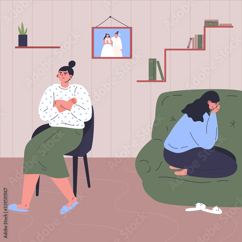 Conflict between gay womans.Quarrel of young females.Relationship crisis.Two girls are offended by each other.Flat cartoon characters isolated on white background.Colorful vector illustration.