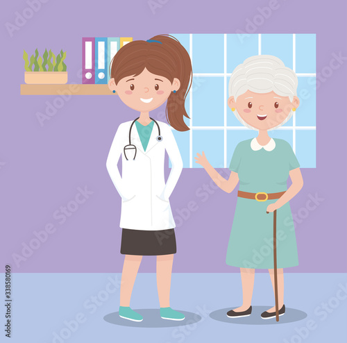 female physician and grandma with stick cane, doctors and elderly people