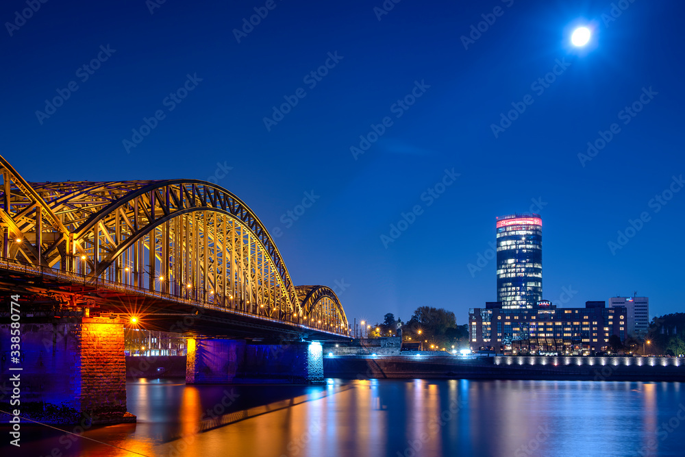 Night view from Cologne with a bridge. Night Cologne view to the Rhein.