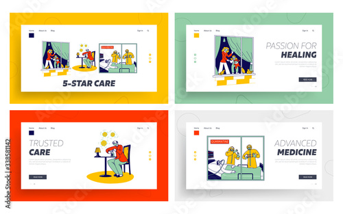 Quarantine due to Global Coronavirus Pandemic Landing Page Template Set. People Characters Staying at Home for Self Isolation, Disinfecting Hands, Doctors Save Lives. Linear Vector Illustration