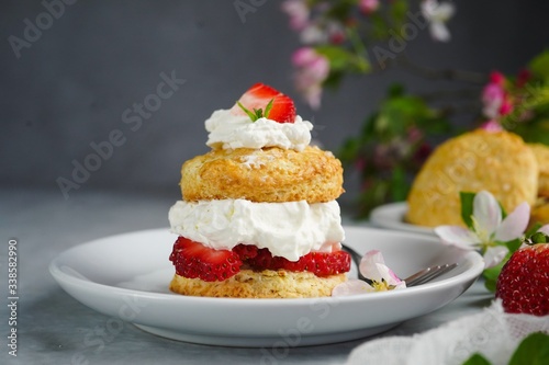 Fényképezés Homemade Strawberry shortcake with stuffed cream topping, selective focus