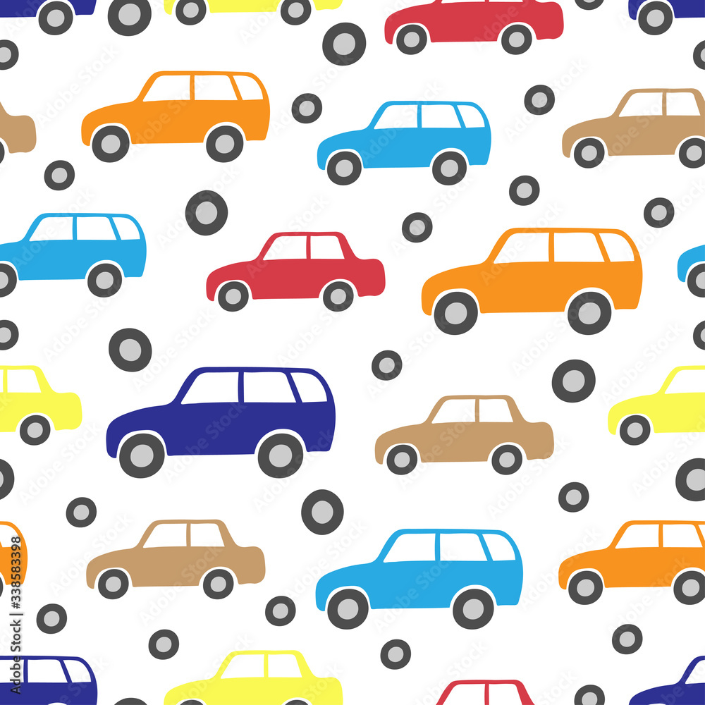 Different multi-colored cars isolated on a white background. Beautiful childish seamless pattern. Hand drawn vector graphic illustration. Texture.
