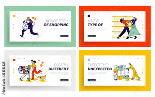 People Fighting for Food due Covid-19 Outbreak Landing Page Template Set. Doomsday Panic and Coronavirus Pandemic Chaos. Characters Crazily Buying Goods in Supermarket. Linear Vector Illustration