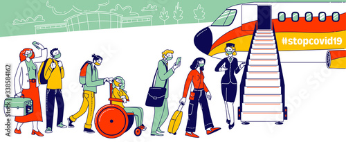 Tourists Evacuation during Coronavirus Pandemic. Male and Female Characters Wearing Facial Medical Masks Stand in Queue at Airplane Ladder with Stewardess Inviting. Linear People Vector Illustration