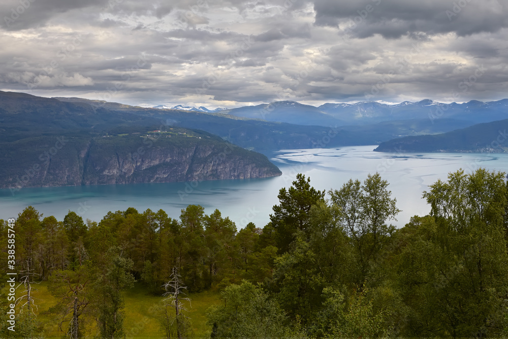Obraz premium Hanging, with leaden clouds, the sky. The twisting course of the fjord. Azure water. Beautiful, granite coast. Ahead there are many trees and a clearing with grass. Severe, beautiful Norwegian nature.