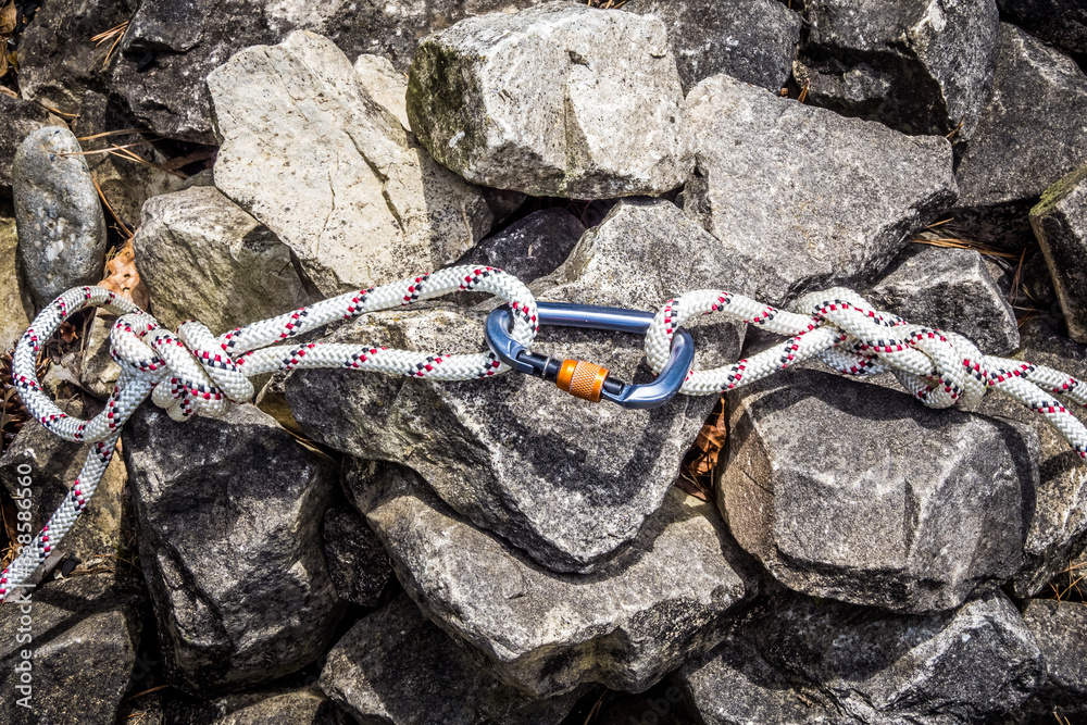 Two climbing ropes connected with carabiner