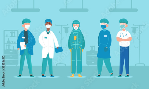 Professional doctors in protective suits, virus outbreak emergency concept. Doctor Characters. Corona virus, people wearing Personal Protective Equipment.Work safety. Flat Cartoon Style