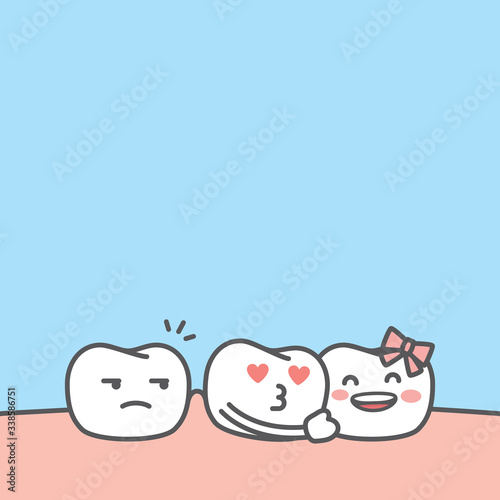 Blank banner Dental cartoon of gap teeth and crooked teeth boy & girl tooth illustration cartoon character vector design on blue background.  Dental care concept.