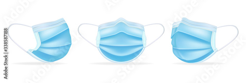 Medical masks template in different angles. To protect coronavirus, infection and contaminated air. Realistic 3D surgical mask. Isolated on white background. Vector illustration