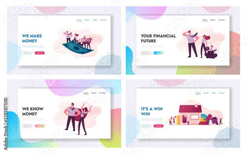 Characters Conduct Auction and Bidding Home, Flying on Dollar Bill Landing Page Template Set. Business People Team Travel on Flying Money Carpet, Buy and Sell Real Estate. Cartoon Vector Illustration