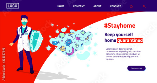 Hero doctor with mask, glasses, shield and cape fighting corona virus symptoms landing page. Doctor wearing mask fighting COVID-19 symptoms flat vetor concept. Anti virus. Website, template. USA.