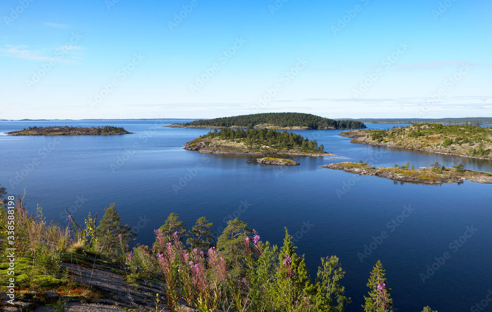 Stone top of the island, covered with shrubs, flowers and trees. There are many large and small islands in the distance, surrounded by the water surface of the lake. Blue sky. Summer.