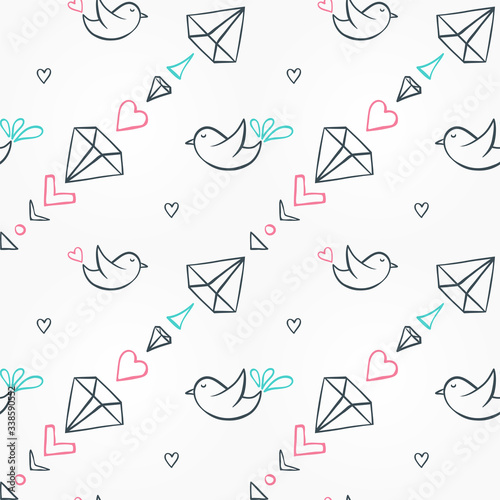 Seamless pattern with birds, diamonds, hearts