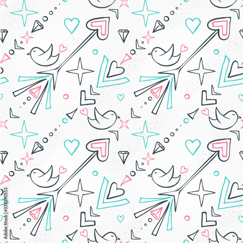 Seamless pattern with birds, arrows, hearts