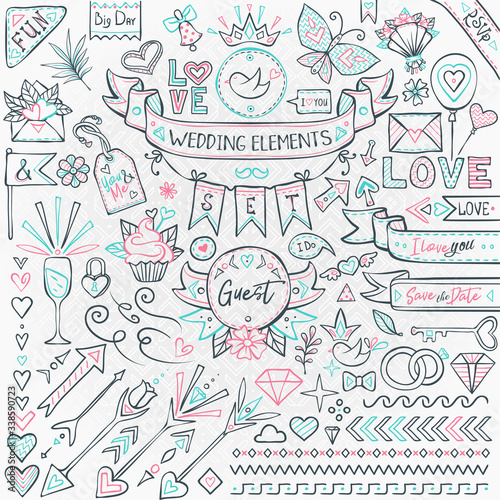 Wedding elements set with birds, arrows, hearts, rings, ribbons, banners and many other decorations. Best for invitations, decorations design and many more