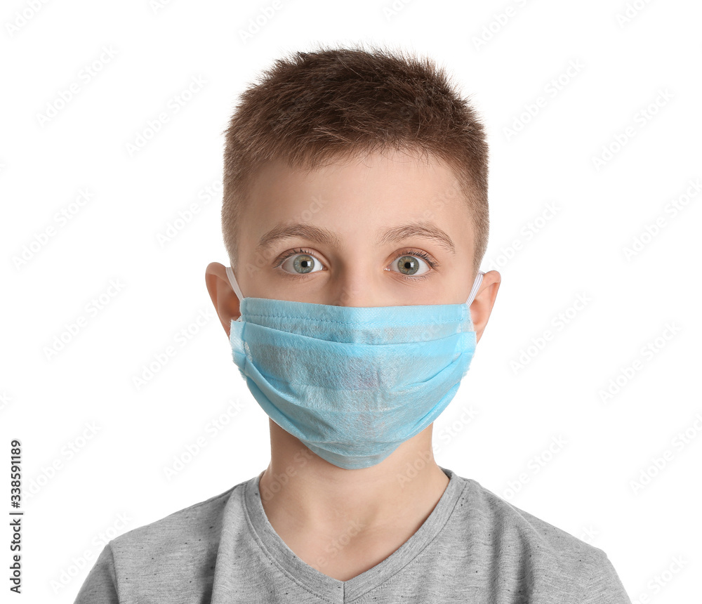 Little boy wearing protective mask against white background. Concept of epidemic Little boy wearing protective mask against white background. Concept of epidemic
