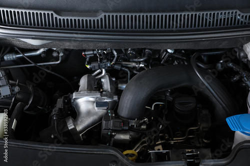 Closeup view of engine bay in modern auto