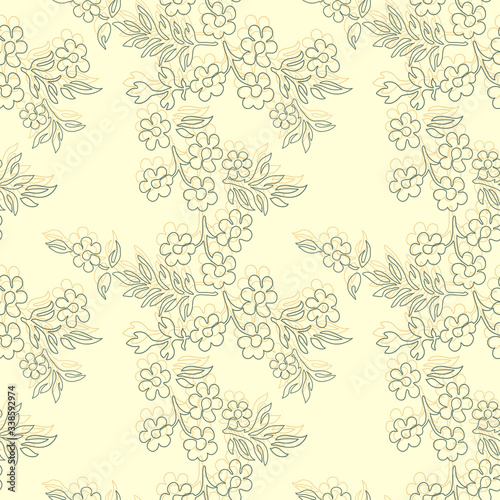 Seamless floral pattern. Sukura branch, Baroque beige and gray background. Vector Wallpaper © Larisa