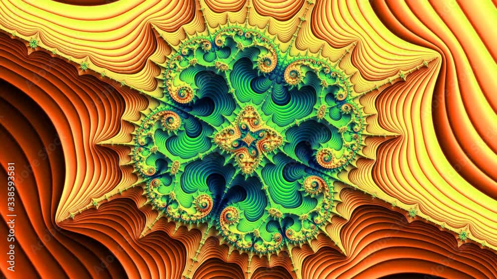 Fractal sequence patterns Yellow Blue Green 3D. 4k Abstract multicolored motion graphics background. Or for yoga, clubs, shows, mandala, fractal animation. Beautiful bright ornament.