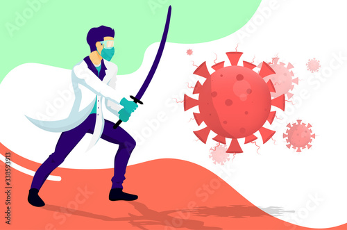 Coronavirus Stop! Hero doctor fighting corona virus symptoms. Doctor hero with virus protection costume and mask. Doctor with sword fighting COVID-19 virus. Creative vector illustration concept.