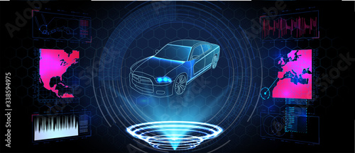 Hologram auto, futuristic polygonal model auto. 3D isometric image of a smart or intelligent car.  Smart auto ai hud. Driverless car working modes vector illustration.