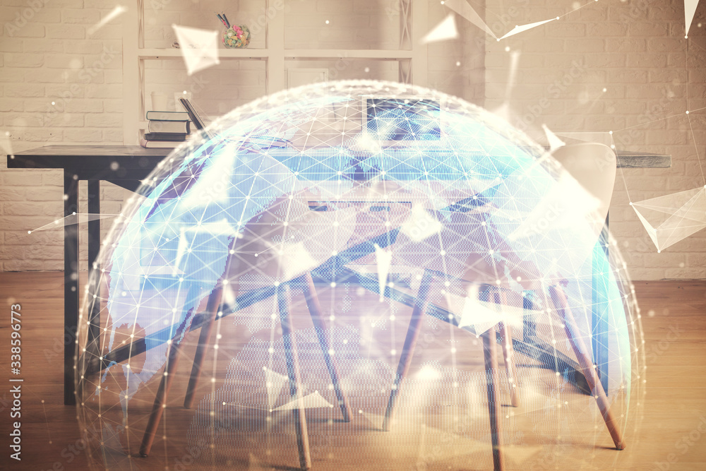 Double exposure of business theme drawing and office interior background. Concept of success Double exposure of business theme drawing and office interior background. Concept of success
