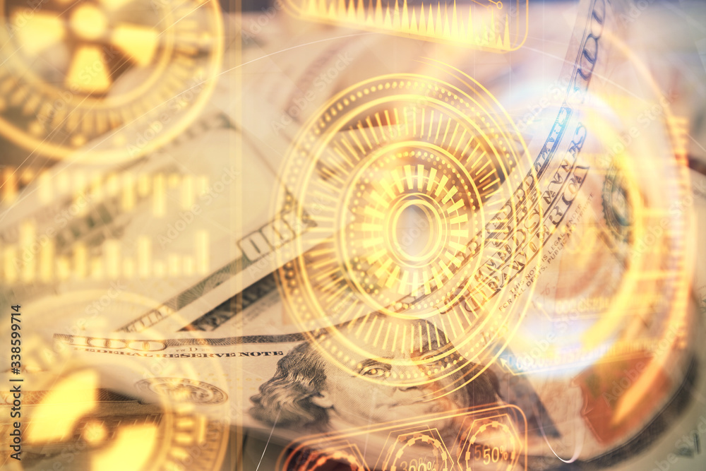 Fototapeta premium Double exposure of tech theme drawing over usa dollars bill background. Concept of technology.