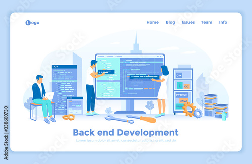 Back-end Development, Coding, Testing, Software  Engineering, Programming languages. Team of programmers write program code on a big monitor screen. landing web page template decorated with people.