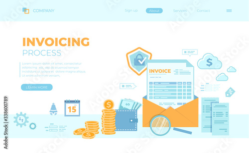 Payment and invoicing. Online paying, bookkeeping, accounting. Internet banking concept. Invoice in an open envelope, purse, money, bills. Can use for web banner, landing page, web template.