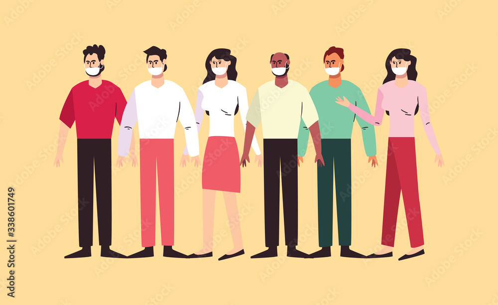 Covid19 concept, people standing with mouthmasks, colorful design Covid19 concept, people standing with mouthmasks, colorful design