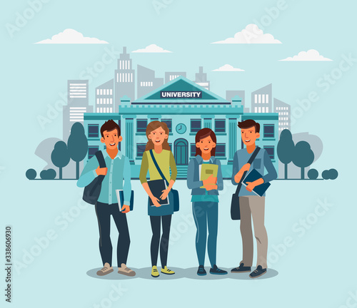 Happy and smiling group of students standing with notebooks. Back to school vector concept
