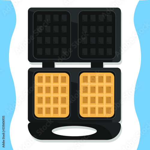Modern cover with waffle maker for web banner design. Cooking belgian waffles  illustration isolated on white background. Flying Waffle iron with copy 