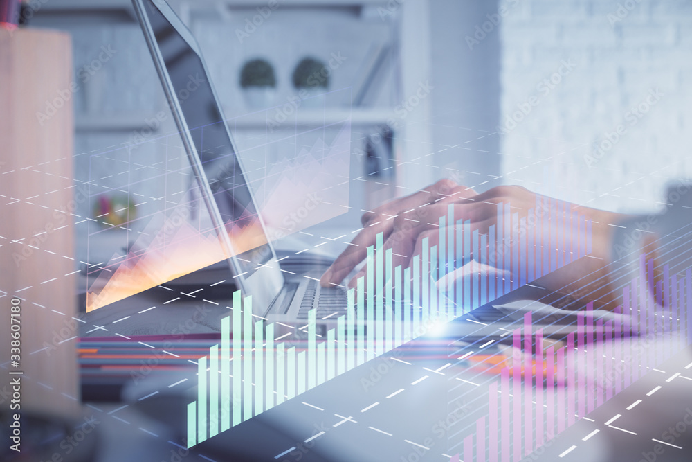 Double exposure of woman hands typing on computer and forex chart hologram drawing. Stock market invest concept. Double exposure of woman hands typing on computer and forex chart hologram drawing. Stock market invest concept.