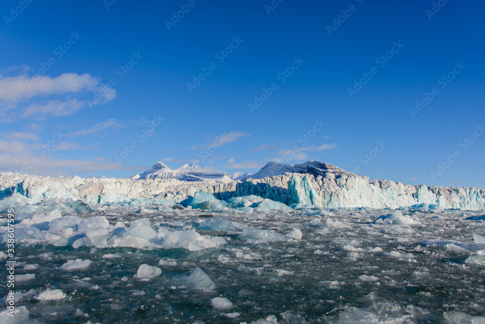 Landscape with glacier in Svalbard at summer time. Sunny weather.