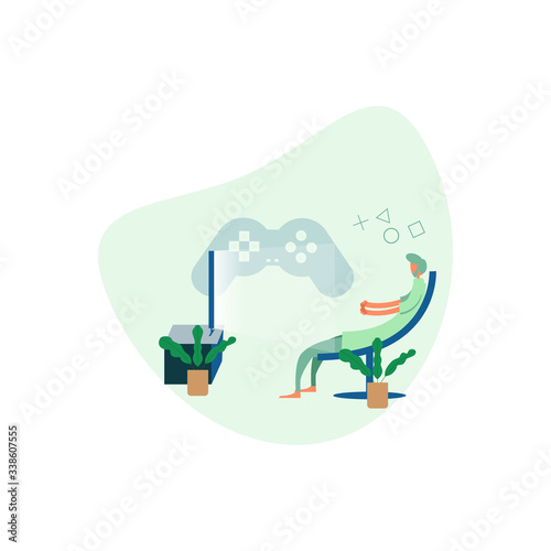 illustration flat vector of self isolation at home by playing games. good for advertising