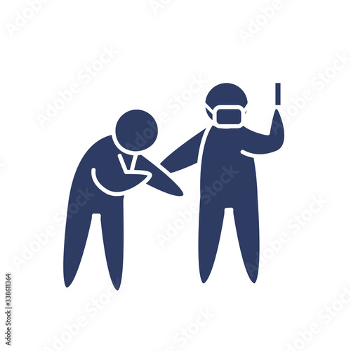 pictogram doctor with mouth mask and syringe and sick man standing, line style