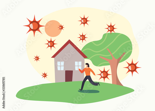stay home design, woman running to the house and coronavirus around