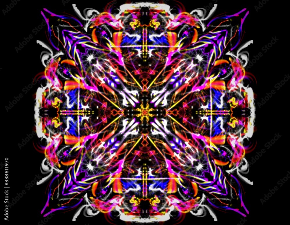 Colorful powerful glowing abstract flame mandala flower. Psychedelic Ornamental floral pattern on black background.