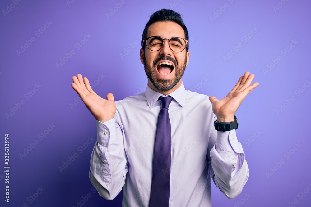 Handsome businessman with beard wearing casual tie and glasses over purple background celebrating mad and crazy for success with arms raised and closed eyes screaming excited. Winner concept Handsome businessman with beard wearing casual tie and glasses over purple background celebrating mad and crazy for success with arms raised and closed eyes screaming excited. Winner concept