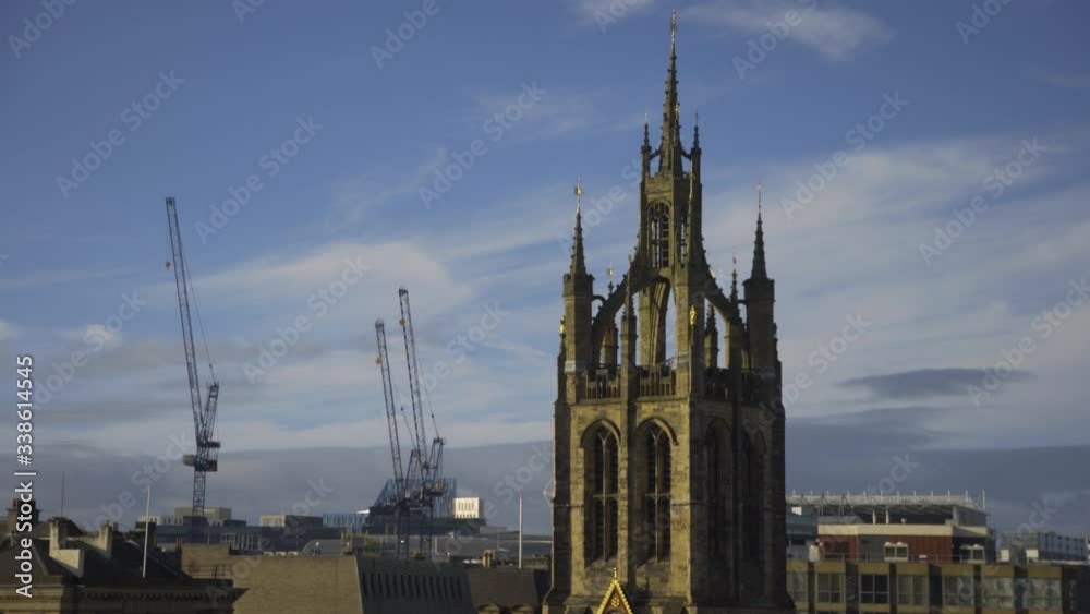 Newcastle cathedral spire and cranes, 4K, Autumn, daytime, Newcastle upon Tyne, North East England, UK
