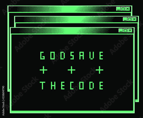 Cyberpunk style collage with glitch effect and text "God Save The Code". Creative print for t-shirt and apparel.