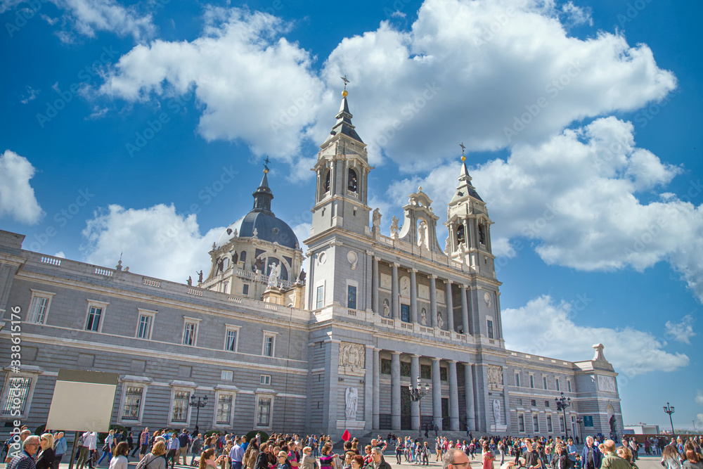 Madrid, Spain-October 22, 2019: Madrid, Famous Almudena Cathedral standing in front of Royal Palace