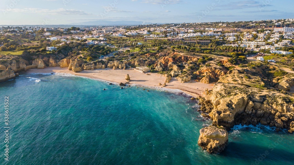 Aerial view of São Rafael beach, in Albufeira. beautiful beach between the cliffs of the Algarve in Portugal