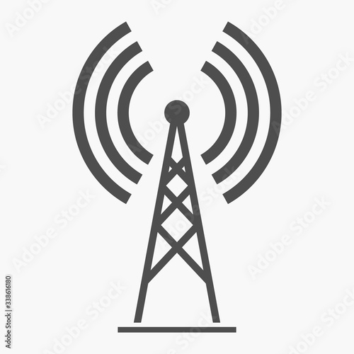 telecommunications signal transmitter. Vector illustration icon of a radio tower silhouette. Telecommunications and broadcasting industry concept icon.
