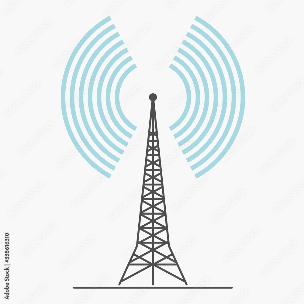 telecommunications signal transmitter. Vector illustration icon of a radio tower silhouette. Telecommunications and broadcasting industry concept icon. - obrazy, fototapety, plakaty 
