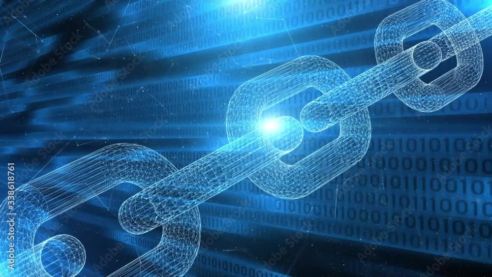 Digital 3d chain with mesh structure rotate on a computer data background.   