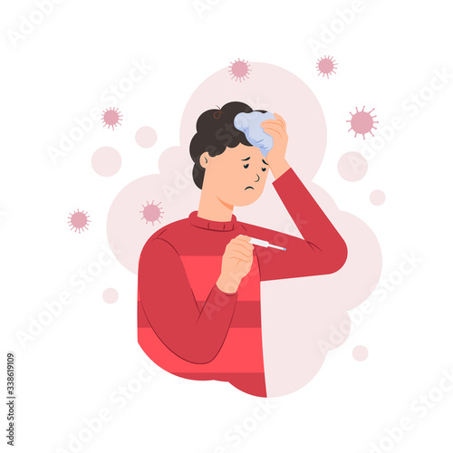 Sick man having fever, measuring body temperature with thermometer and holding ice bag compress on head