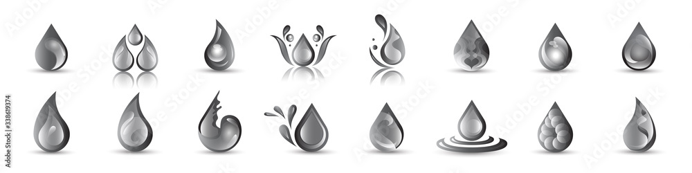 Water Splash Vector And Drop Set - Isolated On White Background. Vector Collection Of Flat Water Splash and Oil Drop Logo. Icons For Droplet, Water Wave, Rain, Raindrop, Company Logo And Bubble Design Water Splash Vector And Drop Set - Isolated On White Background. Vector Collection Of Flat Water Splash and Oil Drop Logo. Icons For Droplet, Water Wave, Rain, Raindrop, Company Logo And Bubble Design